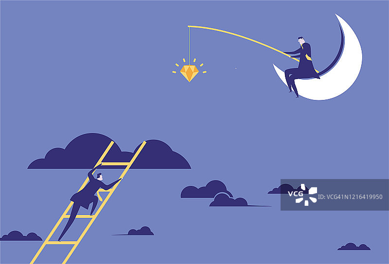 坐在月球上用钻石吸引爬梯者的商人图片素材