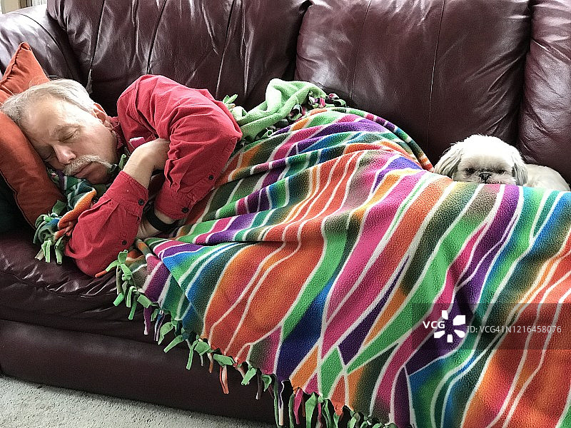 年长的男人和小狗一起午睡图片素材