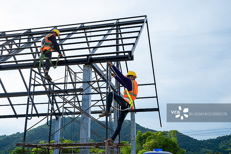 身穿安全制服在高空作业的职业工人图片素材