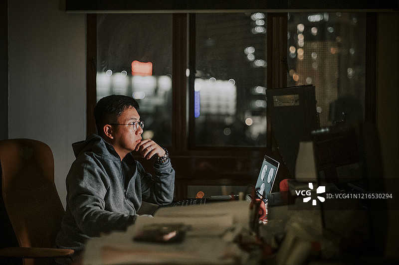 在书房使用电脑的亚洲中年男子图片素材