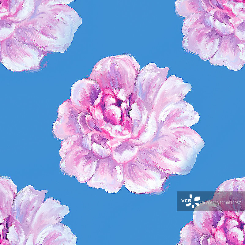 牡丹花艺术图案粉色油画无缝图案蓝色水彩背景墙纸纺织面料包装纸封面图片素材