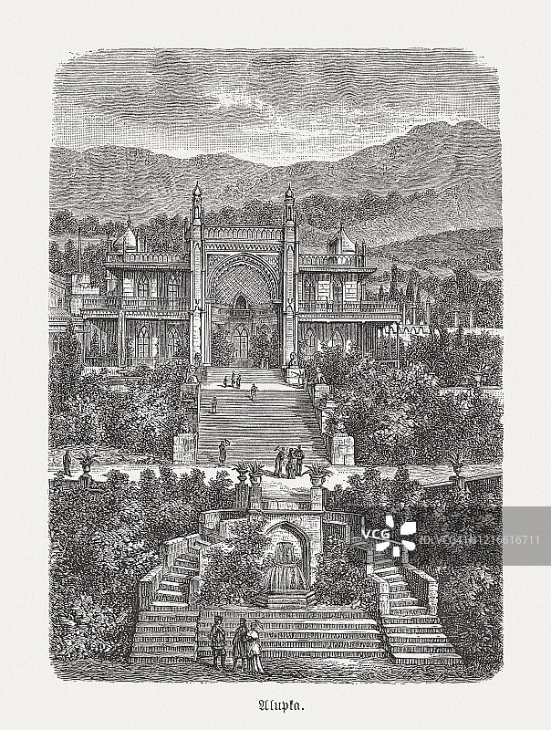 阿卢普卡的沃龙佐夫宫，克里米亚，1893年出版的木刻版画图片素材