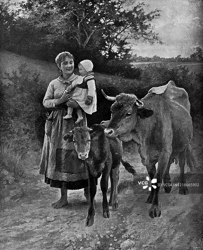 爱德华·德巴·蓬桑的母爱主题作品，19世纪图片素材