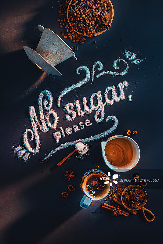 咖啡扁平化布局与无糖咖啡字样图片素材