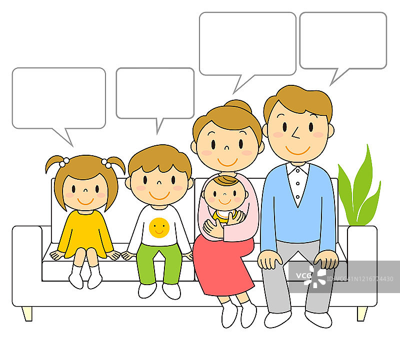 一家五口坐在沙发上的插图图片素材