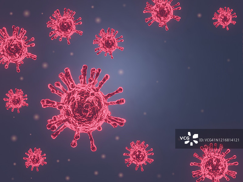 冠状病毒019-新型冠状病毒流感爆发3D医学病原体呼吸道2。漂浮的流感病毒细胞的显微镜视图。危险的亚洲新型冠状病毒、SARS大流行风险概念图片素材