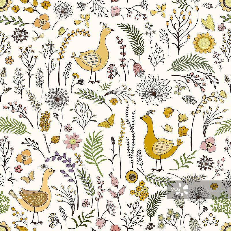 可爱卡通鸟类花卉无缝图案图片素材