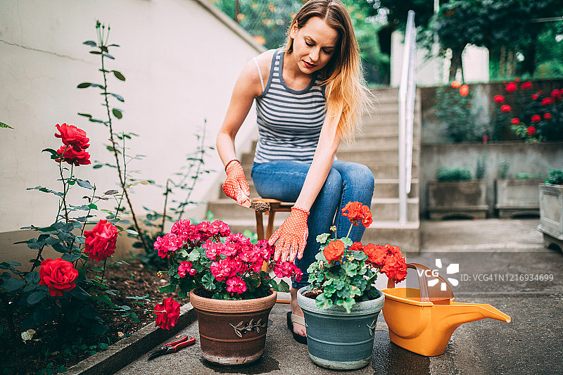 年轻女子在家后院种植花卉图片素材
