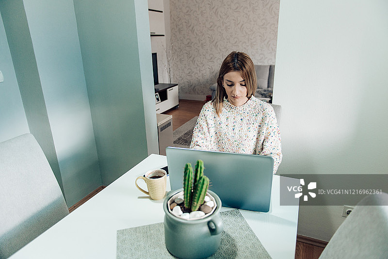 在家工作的迷人年轻女子图片素材