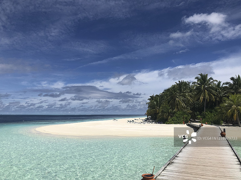 棕榈树环绕的岛屿与码头图片素材