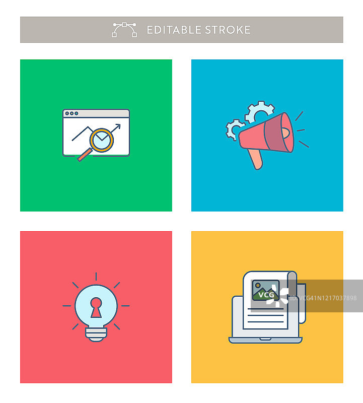 具有可编辑描边和像素完美度的数字营销迷你图标集图片素材