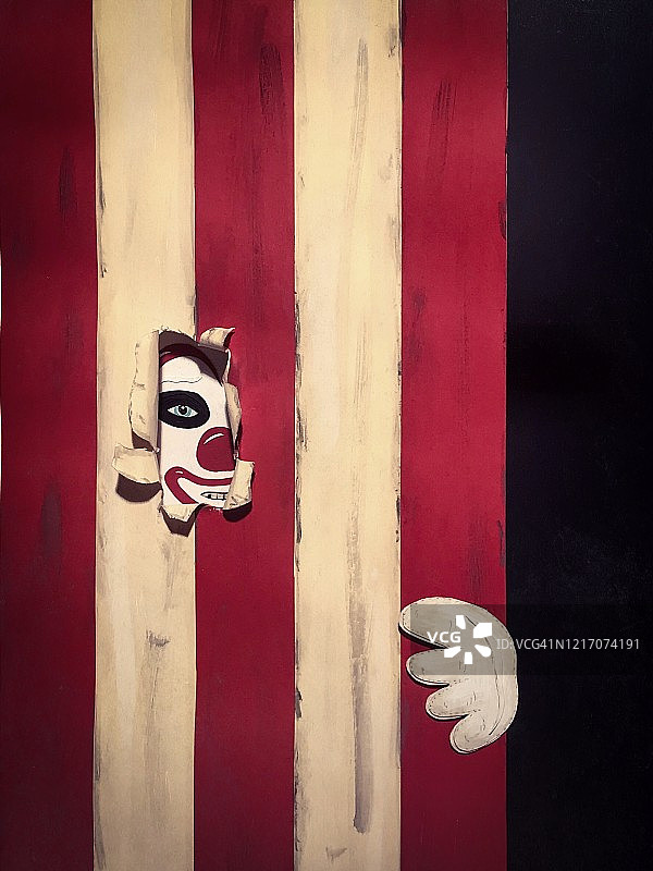 小丑从条纹大顶帐篷的洞里往外看的剪纸插画图片素材