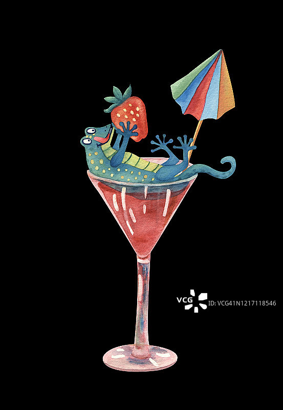 拿着鸡尾酒杯和草莓的水彩壁虎图片素材
