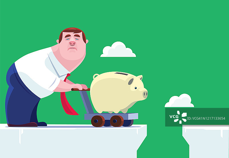 悲伤的商人抱着小猪存钱罐图片素材