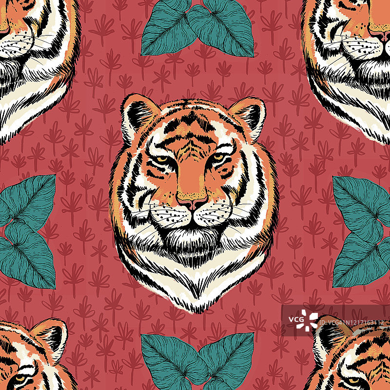 老虎和树叶的重复图案图片素材