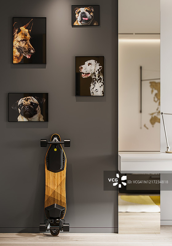 儿童房，配有狗狗绘画和滑板图片素材
