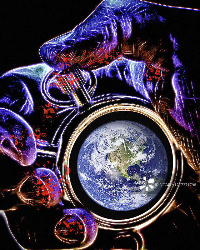 手持带有NASA公共领域地球图像的秒表图片素材