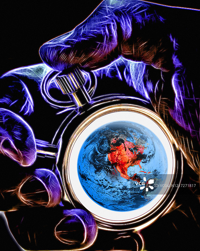 手持带有NASA公共领域地球图像的秒表图片素材