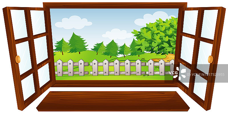 绿色草地和原野的窗户景色图片素材