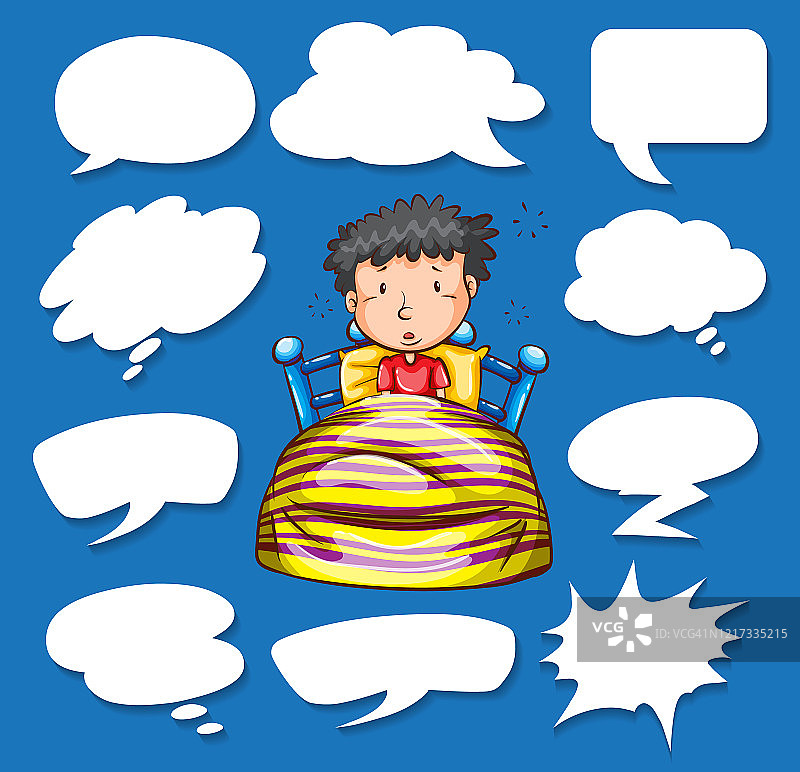 不同形状的对话气泡和床上昏昏欲睡的男孩图片素材
