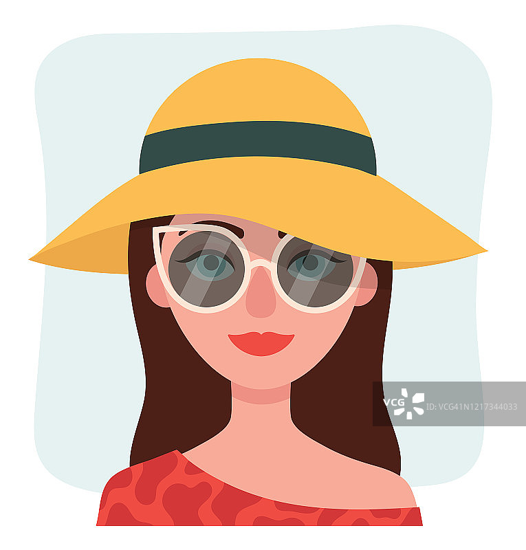 戴太阳镜和帽子的年轻女子，在海上度假，扁平矢量插画图片素材
