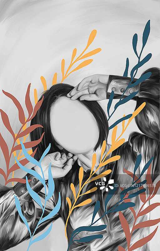 彩色植物上的无脸女人肖像数字插画图片素材