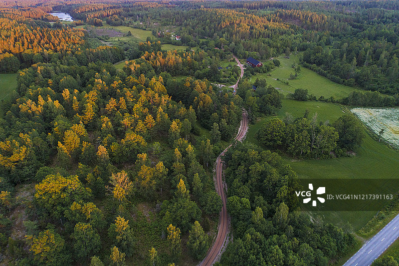 卡尔马夏季日落时分的公路和森林鸟瞰图片素材