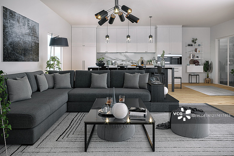 现代开放空间、厨房和客厅图片素材