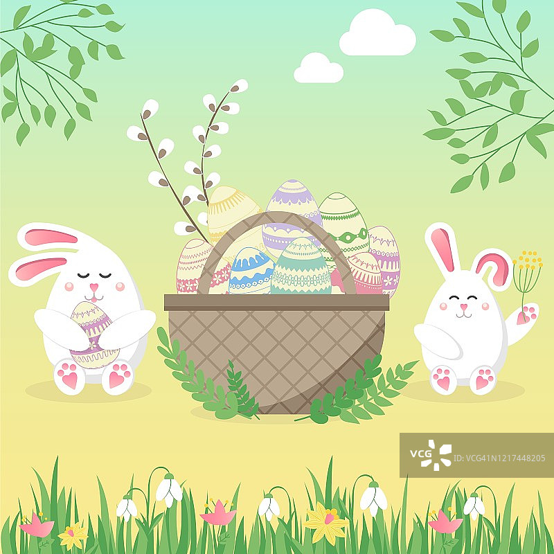 复活节矢量插画，包含鸡蛋、兔子和花朵。春季宗教节日。适用于海报、贺卡、邀请函或banner的矢量插画。复活节快乐！图片素材