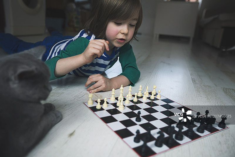 小男孩下国际象棋，旁边有猫图片素材