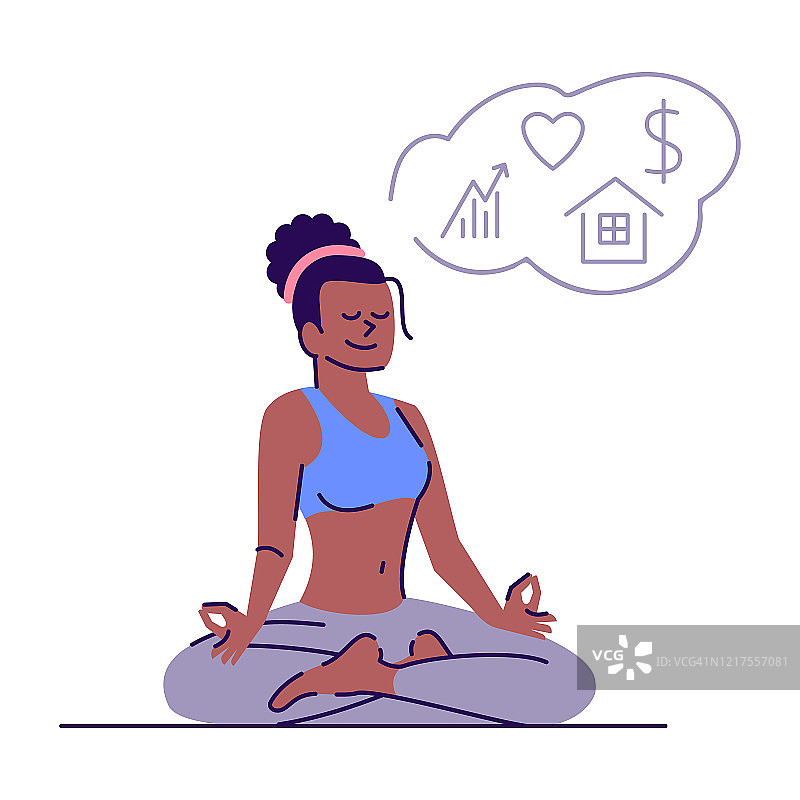年轻女子以莲花姿势冥想的扁平矢量图，可视化练习，女孩冥想并吸引梦想，在白色背景上用轮廓元素隔离的卡通人物图片素材