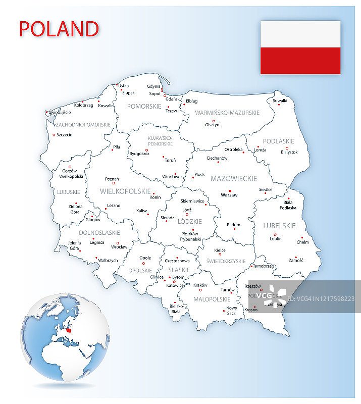 带有国旗和蓝色地球位置的波兰详细行政地图图片素材