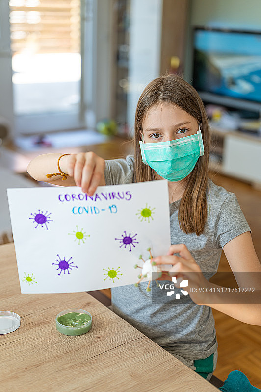 戴防护口罩的年轻女孩拿着新冠病毒的图画和手工模型图片素材