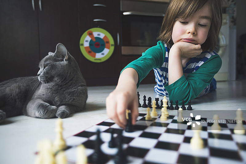 小男孩下国际象棋，旁边有猫图片素材
