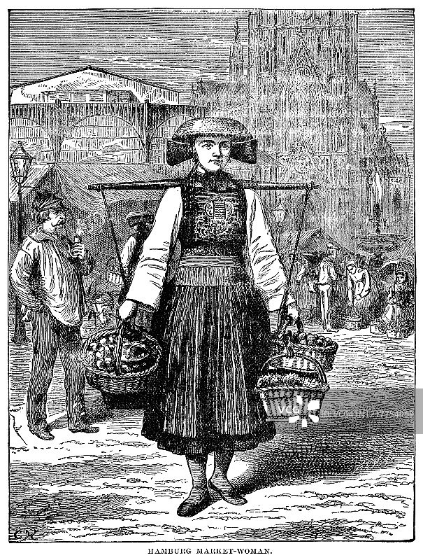 19世纪德国汉堡市场，女人提着装满农产品的篮子图片素材