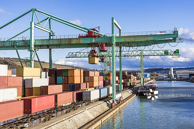 德国巴登-符腾堡州斯图加特：内卡河岸边商业码头堆放的货运集装箱图片素材