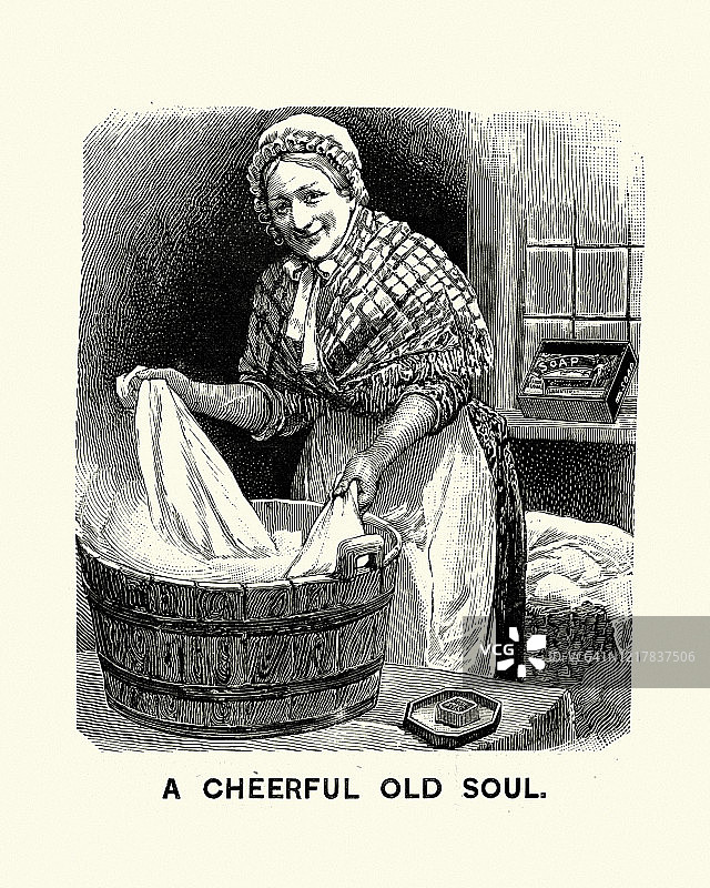 维多利亚时代，19世纪，在浴缸里洗衣服的中年妇女图片素材