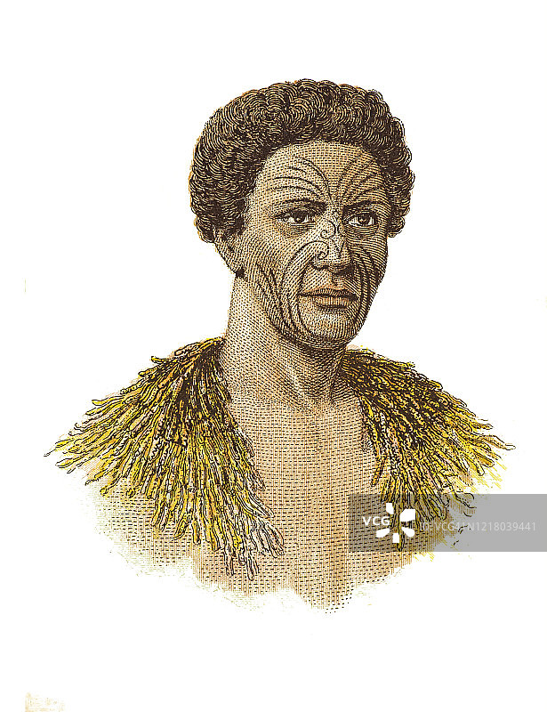 人种学古老版画插图：新西兰酋长，1894年大众百科全书图片素材