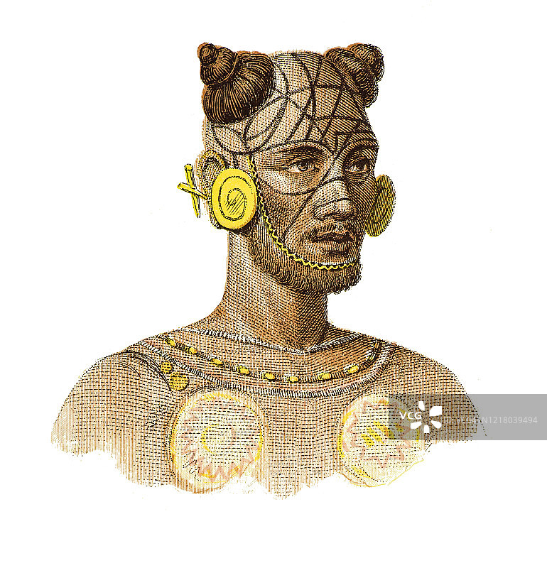 古代雕刻插图：人种学，人类种族 - 马克萨斯群岛男子图片素材