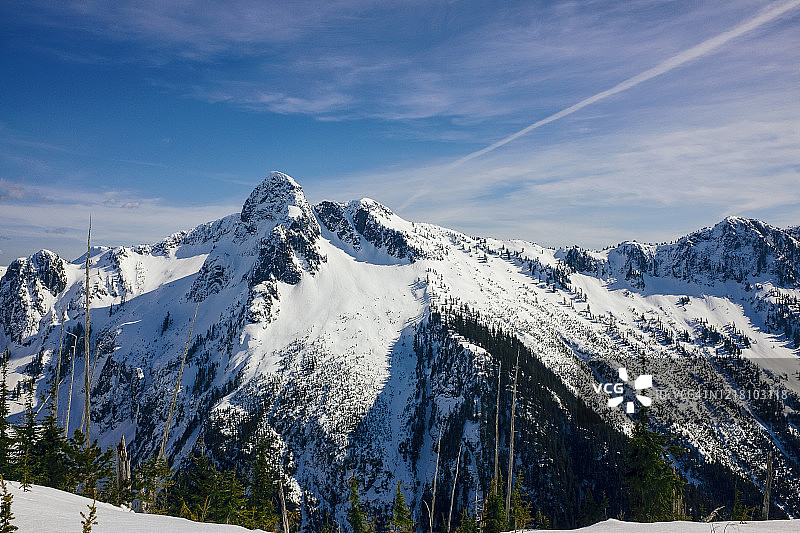 从哈维山看到的温哥华标志性天际线狮子峰西峰图片素材