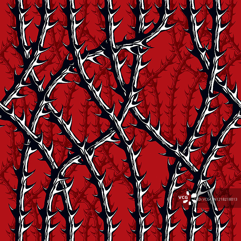 恐怖风格的无缝图案矢量背景。带刺的黑刺李树枝时尚的无尽插图。硬摇滚和重金属亚文化音乐纺织时尚的时尚设计。图片素材