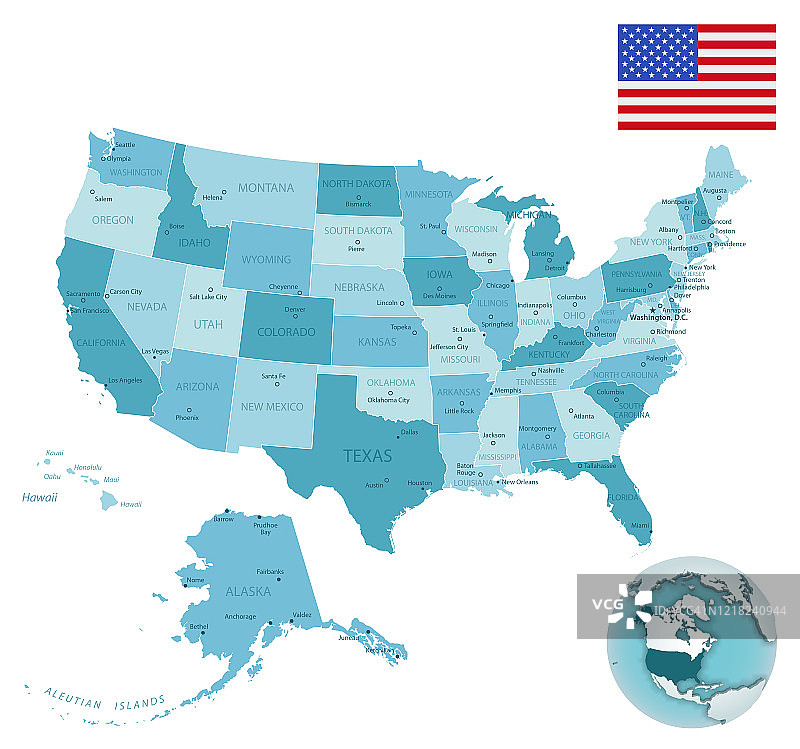 包含国家标志和地球位置的美国行政蓝绿色地图图片素材