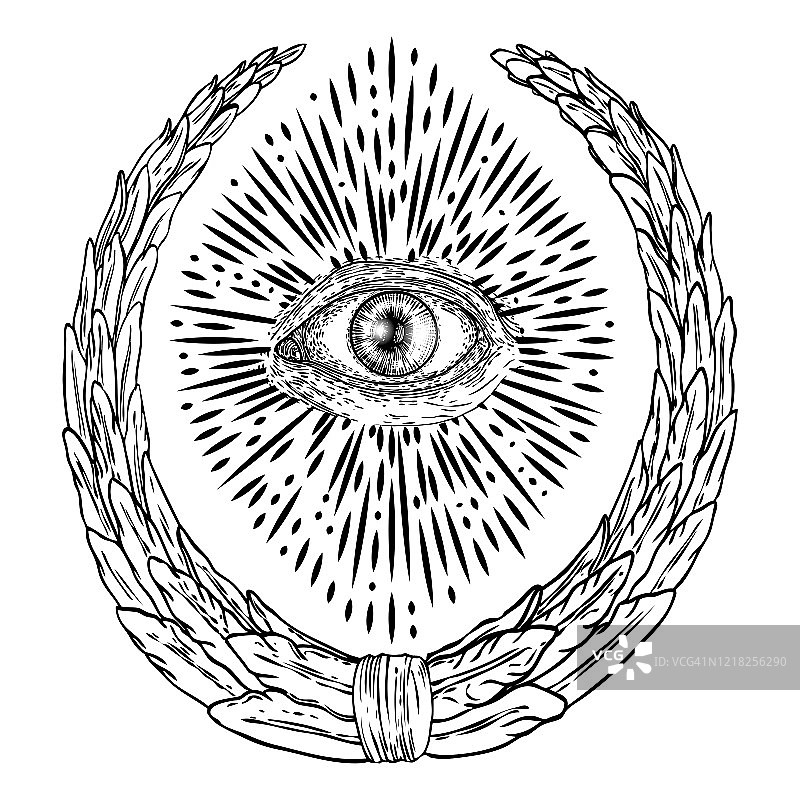 装饰背景上的全视之眼或普罗维登斯之眼神圣几何。古老神秘的共济会神圣符号。手绘炼金术、宗教和精神神秘主义。阴谋论矢量图。图片素材