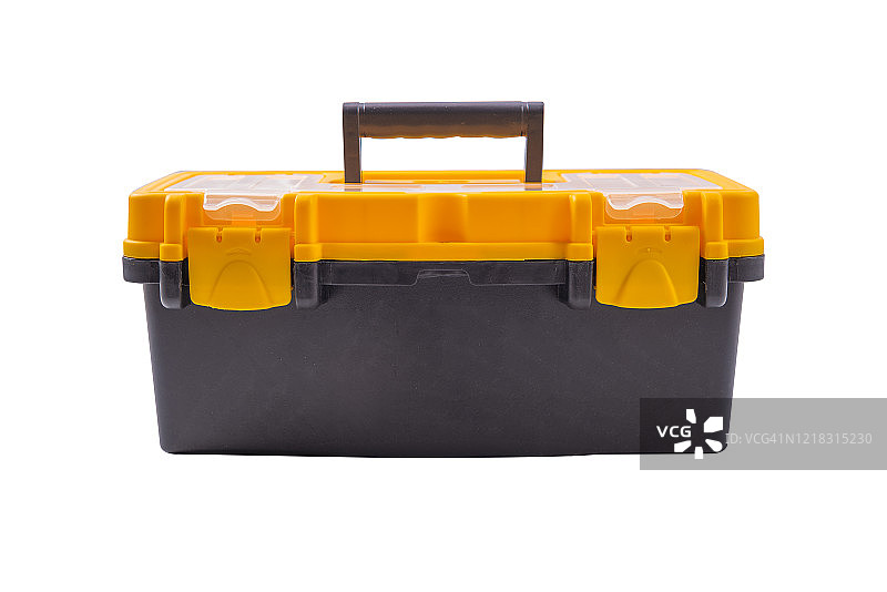 黄色工具箱，白色背景上的塑料工具箱图片素材