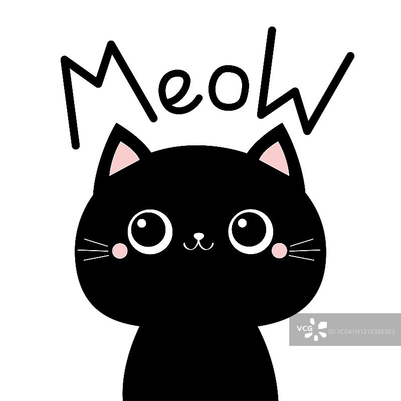 黑猫“喵”卡通小猫爱心贺卡扁平设计图片素材