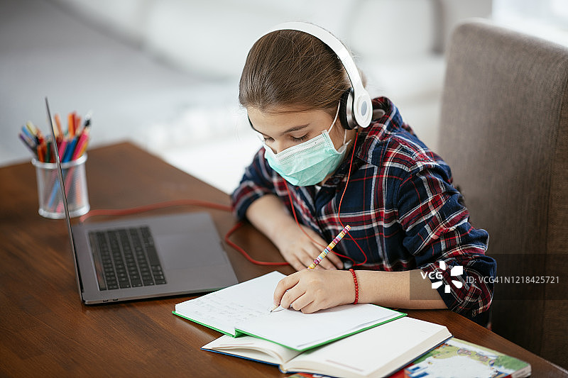 冠状病毒爆发：封锁和学校停课，戴防护口罩的女学生观看在线教育课程，新冠疫情迫使儿童在线学习图片素材