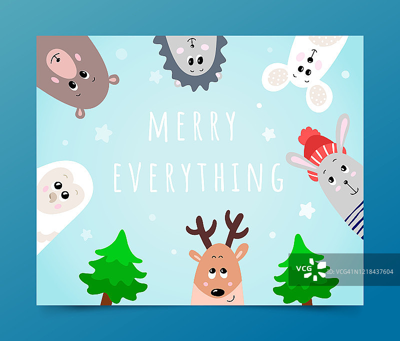 圣诞祝福海报：冬季动物和圣诞树图片素材