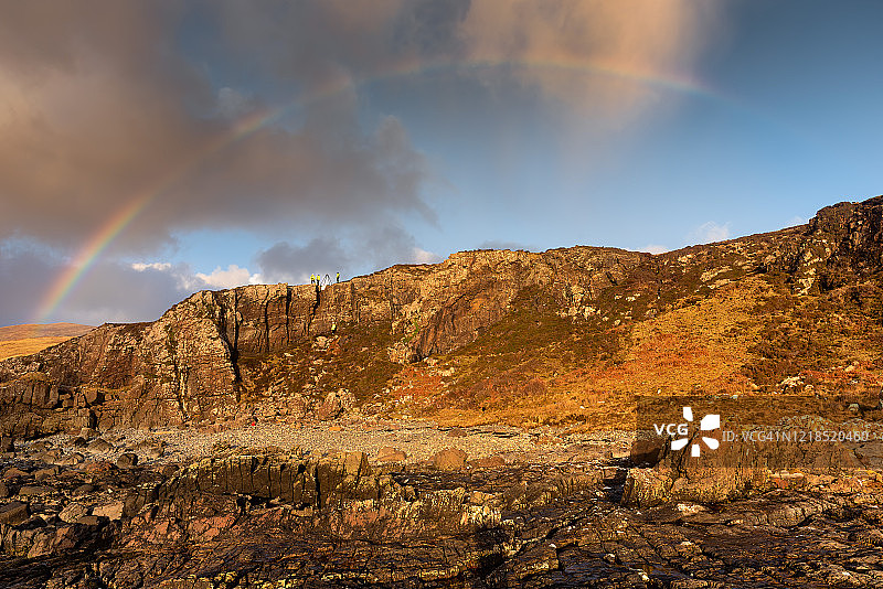 阳光下的海蚀崖与彩虹图片素材