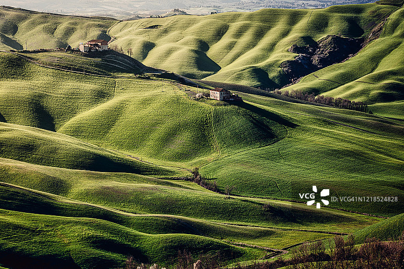 托斯卡纳春季景观和绿色绵延山丘图片素材