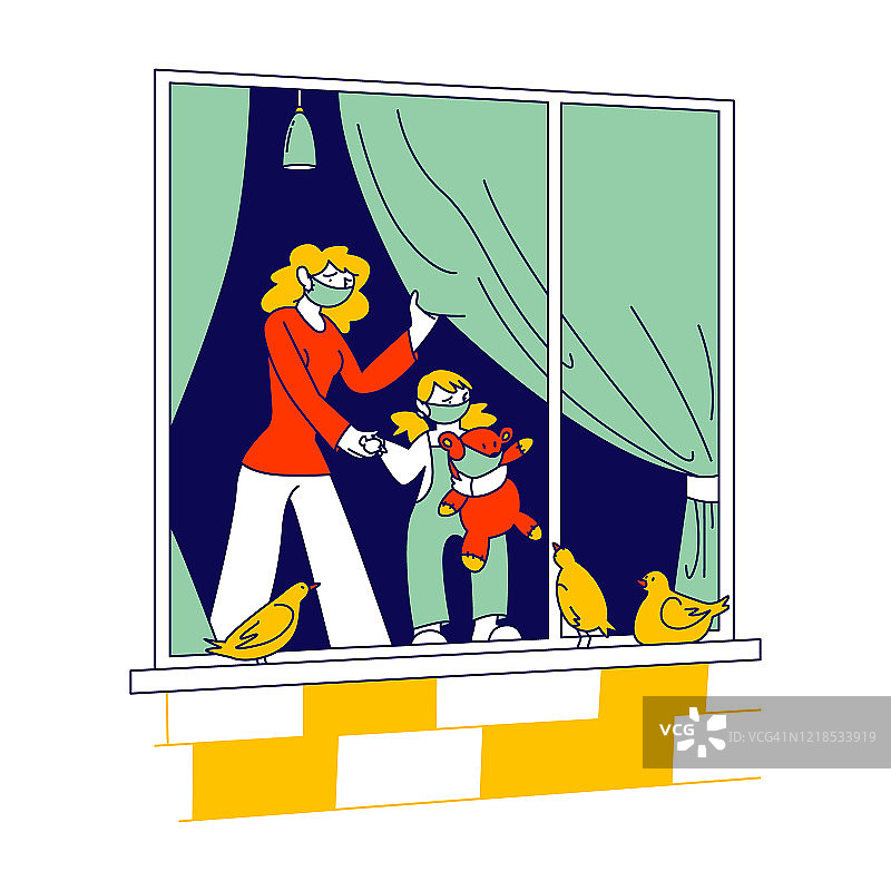 隔离和新冠肺炎自我隔离概念。悲伤的女人和戴着防护口罩的小女孩看着街上的窗外，待在家里。线性人物矢量图图片素材